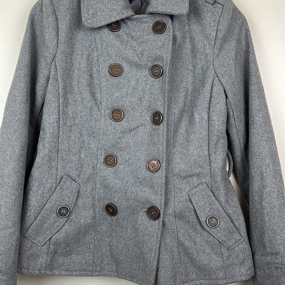 NWT New Look Girls Wool Blend Pea Coat Size L Gray Buttons Pockets - Picture 4 of 16